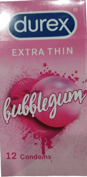 Durex bubblegum flavored condoms packaging on a pink background