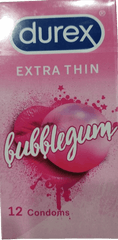 Durex bubblegum flavored condoms packaging on a pink background