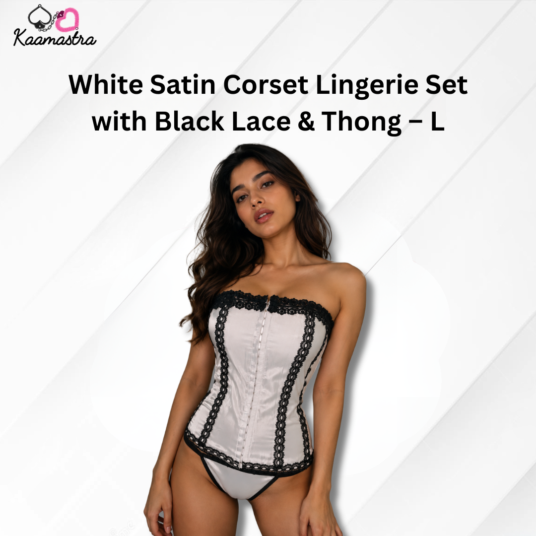 White Satin Corset Lingerie Set with Black Lace & Thong – L