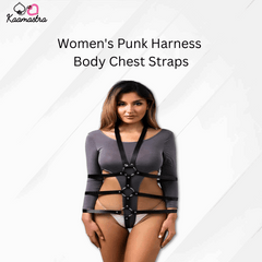 Woman wearing a women's punk harness body chest straps with Kaamastra branding.
