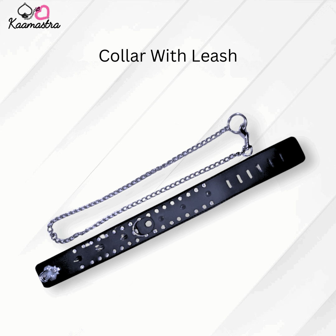 Black collar with leash on a white background, branded 'Kaamastra'.
