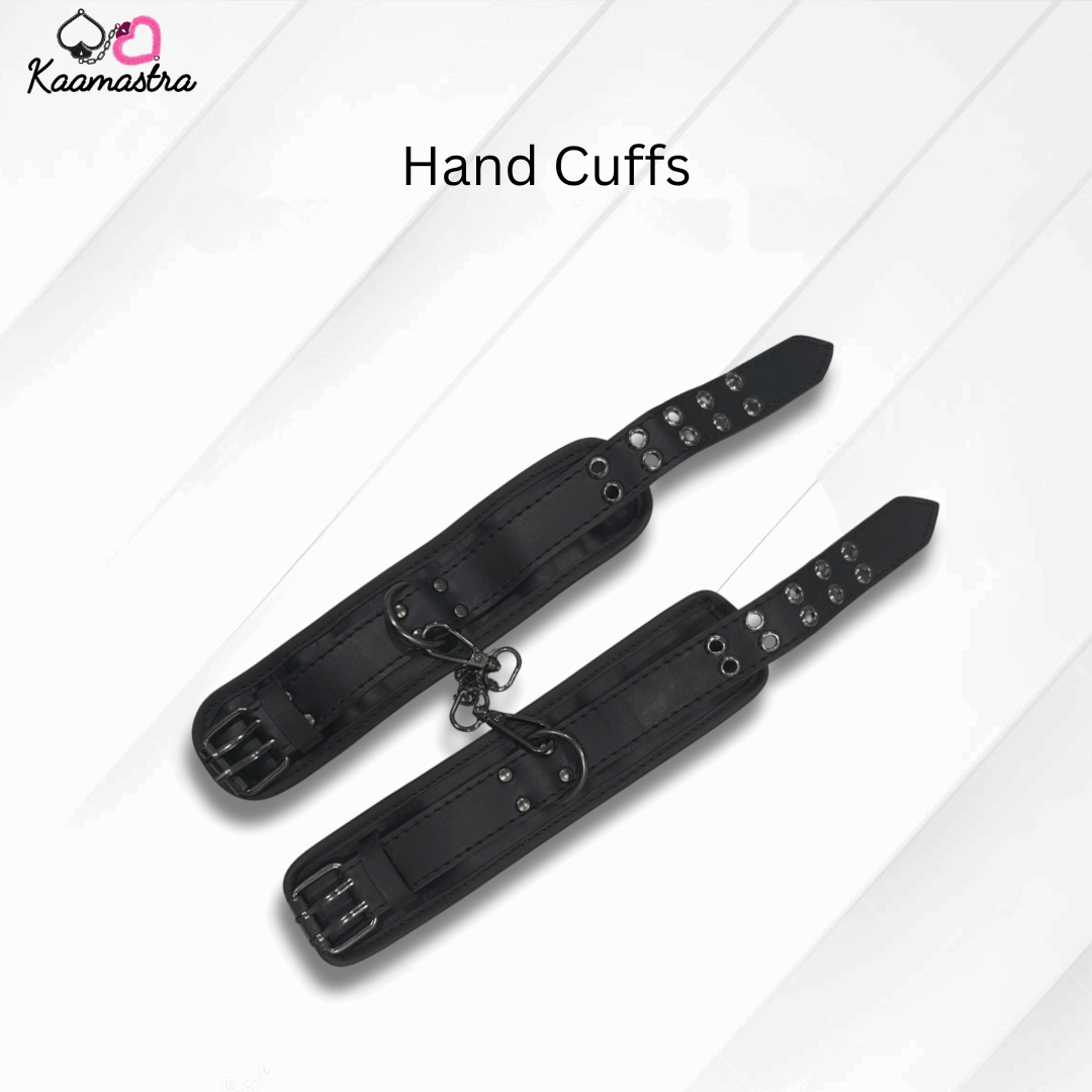 Black hand cuffs on a white background with 'Kaamastra' branding.