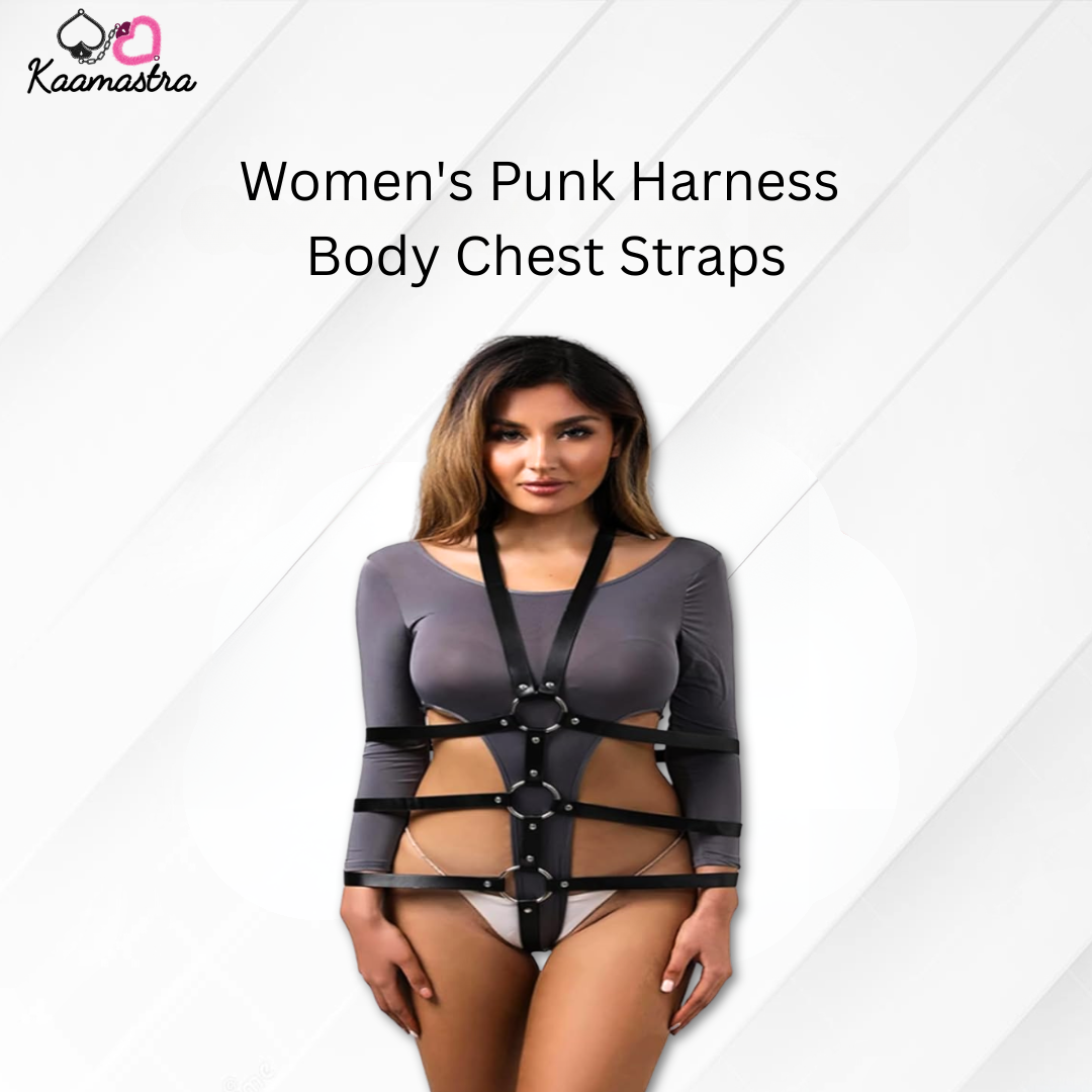 Woman wearing a women's punk harness body chest straps with Kaamastra branding.