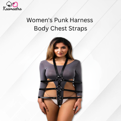 Woman wearing a women's punk harness body chest straps with Kaamastra branding.