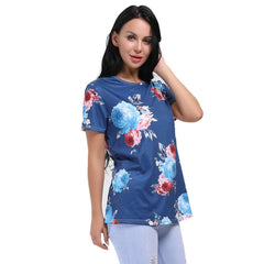 Kaamastra Blue Floral Print Regular Sleeve Round Neck Top for Women