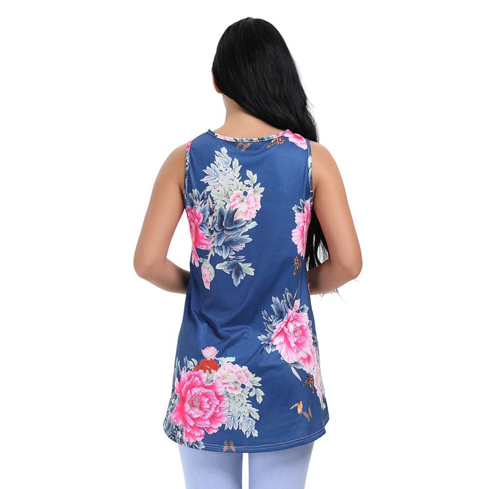 Kaamastra Blue Sleeveless High Neck Floral Women's Top