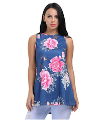 Kaamastra Blue Sleeveless High Neck Floral Women's Top