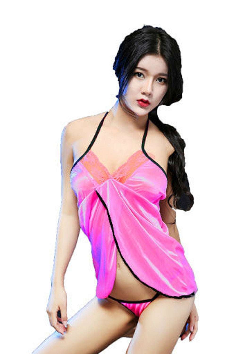 A model wearing a dark pink, silky, v-neck babydoll with elasticated straps and a plunge back design.