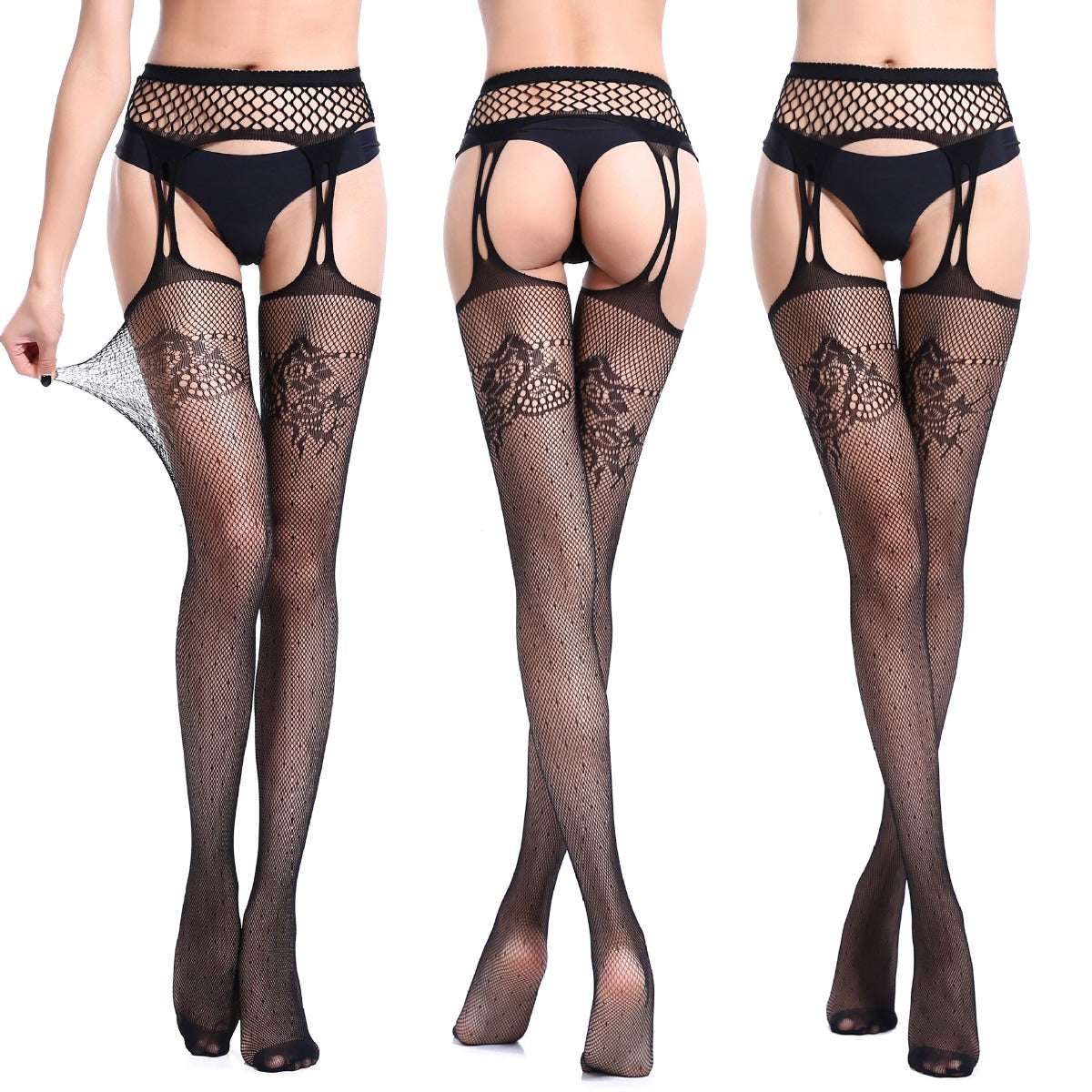 Kaamastra Black Suspender Pantyhose Stockings with Thong 6062