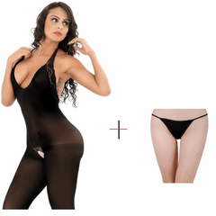 Kaamastra Black Fish Net Haler neck Full Body Stockings with Thong
