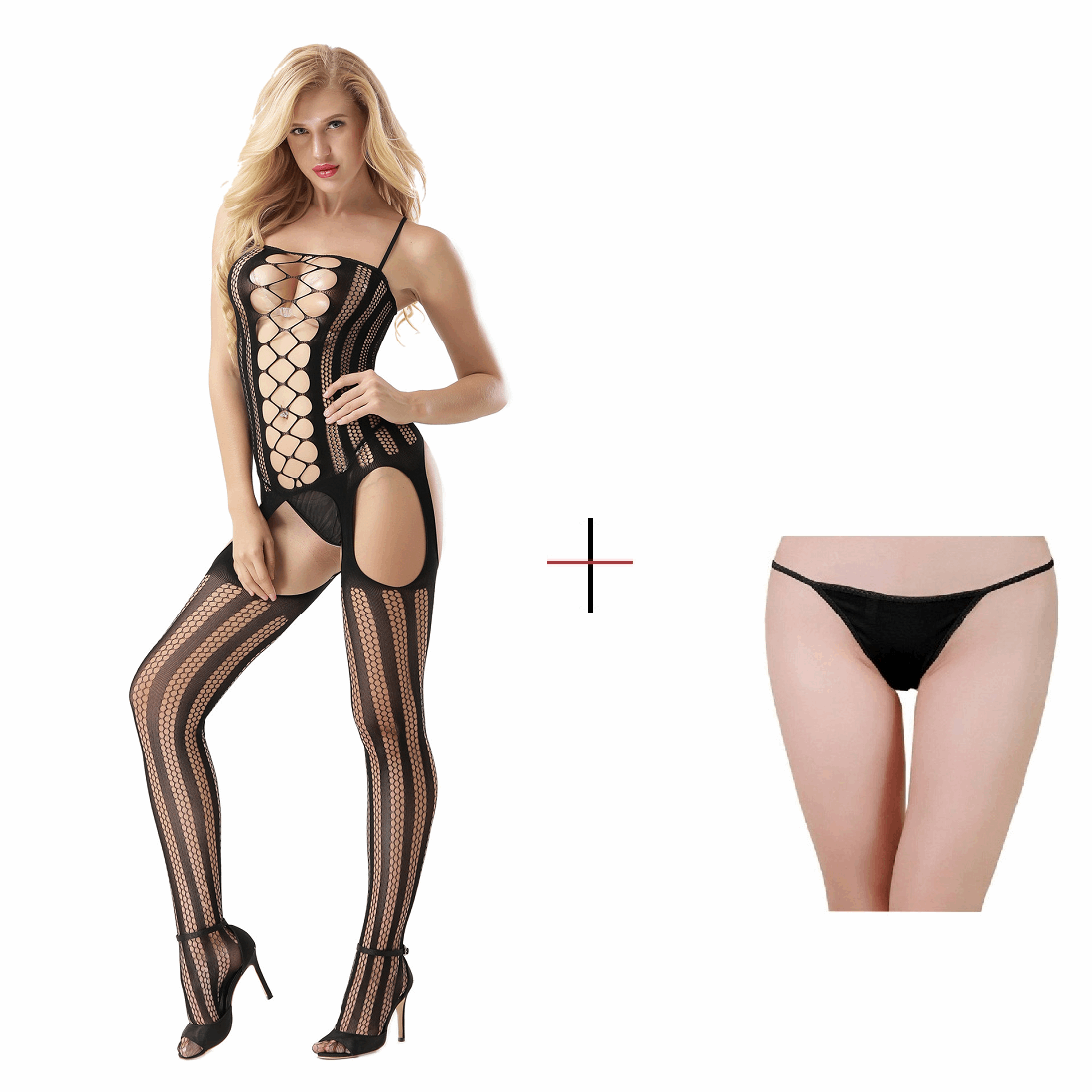 Kaamastra Fishnet and Stripes Black Bodystocking & Free Thong
