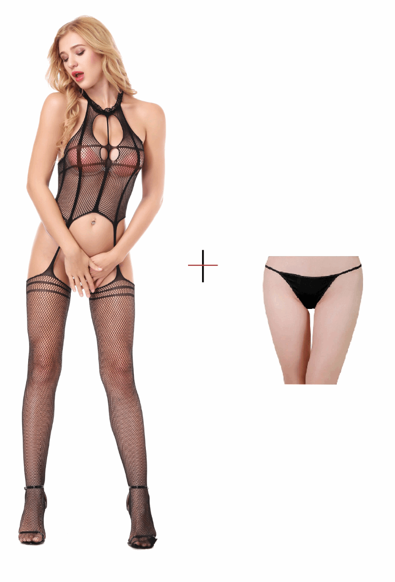 Kaamastra Black Fishnet Open Crotch Halter neck Bodystocking & Free Thong