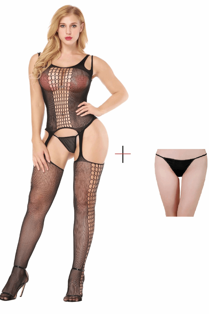 Kaamastra Black Floral Fish Net Halter Neck Full Bodystockings with Thongs