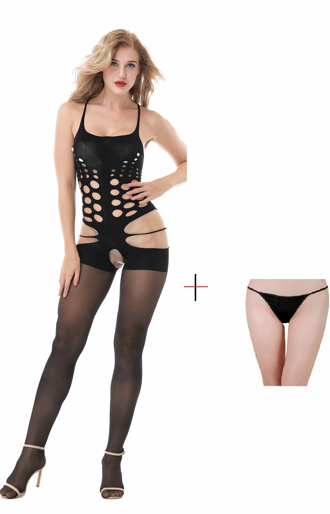 Kaamastra Black Cutout Bodystocking And Free Thong-Black