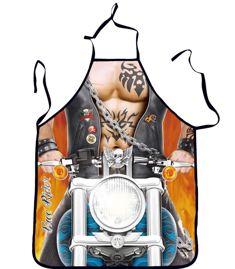 An apron featuring a graphic design of a man on a motorcycle with a leather jacket and tattoos.