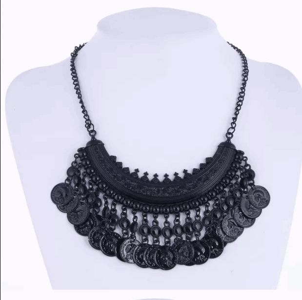 Kaamastra Bohemian Tassle Fancy Black Coin Necklace