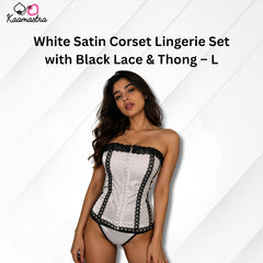 White Satin Corset Lingerie Set with Black Lace & Thong – L