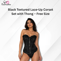 Kaamastra's Black Textured Lace-Up Corset Set with Thong – Free Size