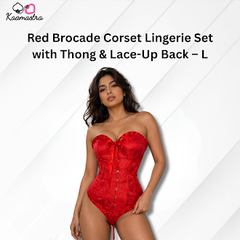 Kaamastra's Red Brocade Corset Lingerie Set with Thong & Lace-Up Back – L