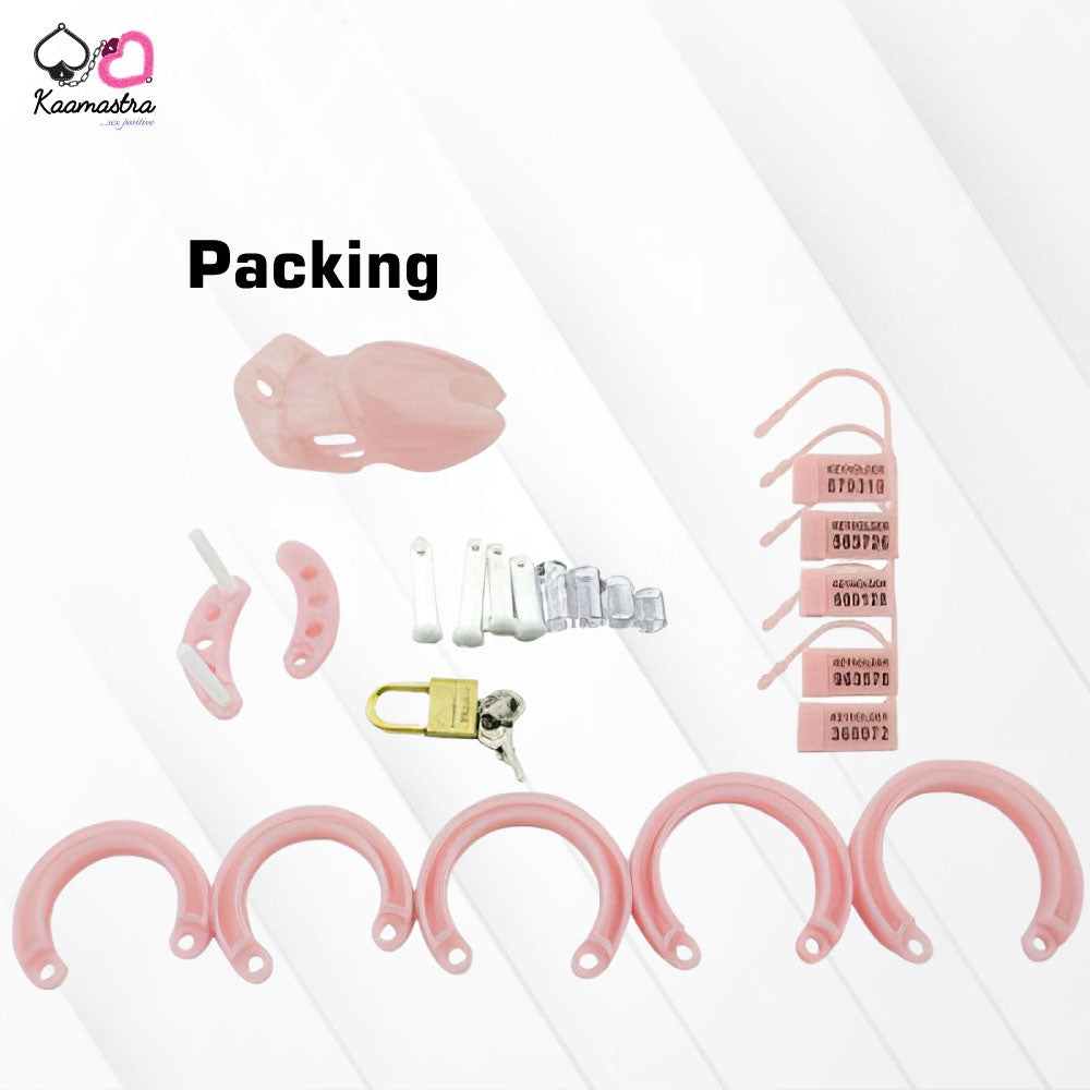 Complete packaging of Kannabha pink chastity cage with accessories