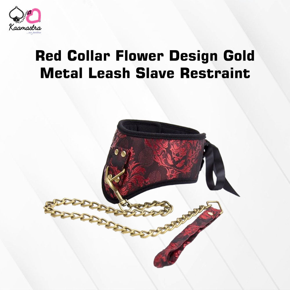 Kaamastra Red Collar Flower Design  Gold Metal Leash Slave Restraint