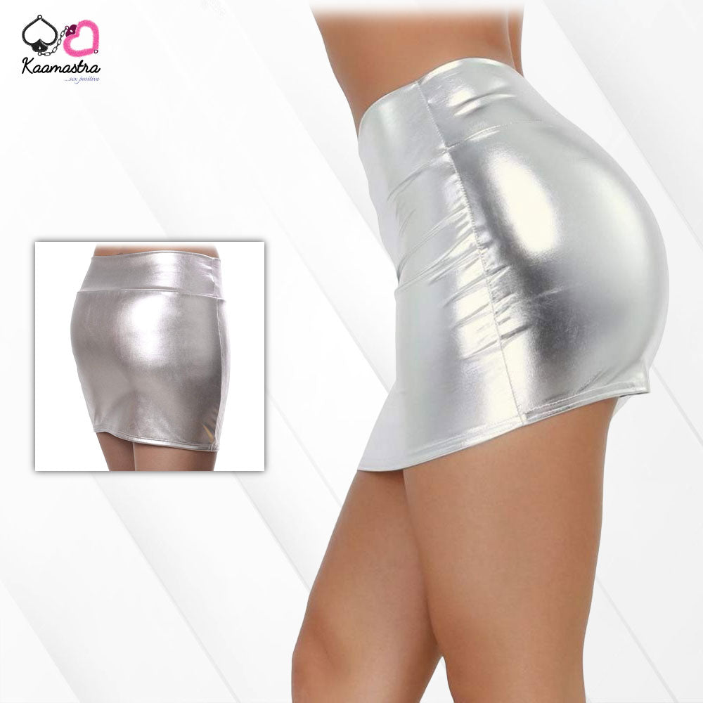 Kaamastra women Wet Look Hot Fitted Mini Skirt - Silver