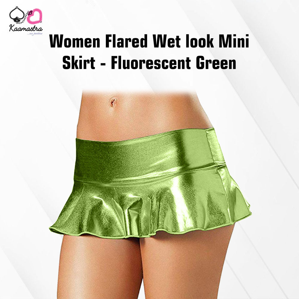Kaamastra women Flared Wet look Mini Skirt - Fluorescent Green