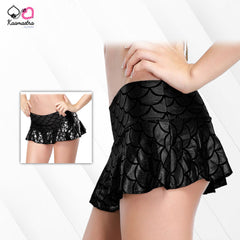 Kaamastra women Flared Wet look Mini Fish Scale Skirt - Black