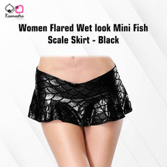 Kaamastra women Flared Wet look Mini Fish Scale Skirt - Black