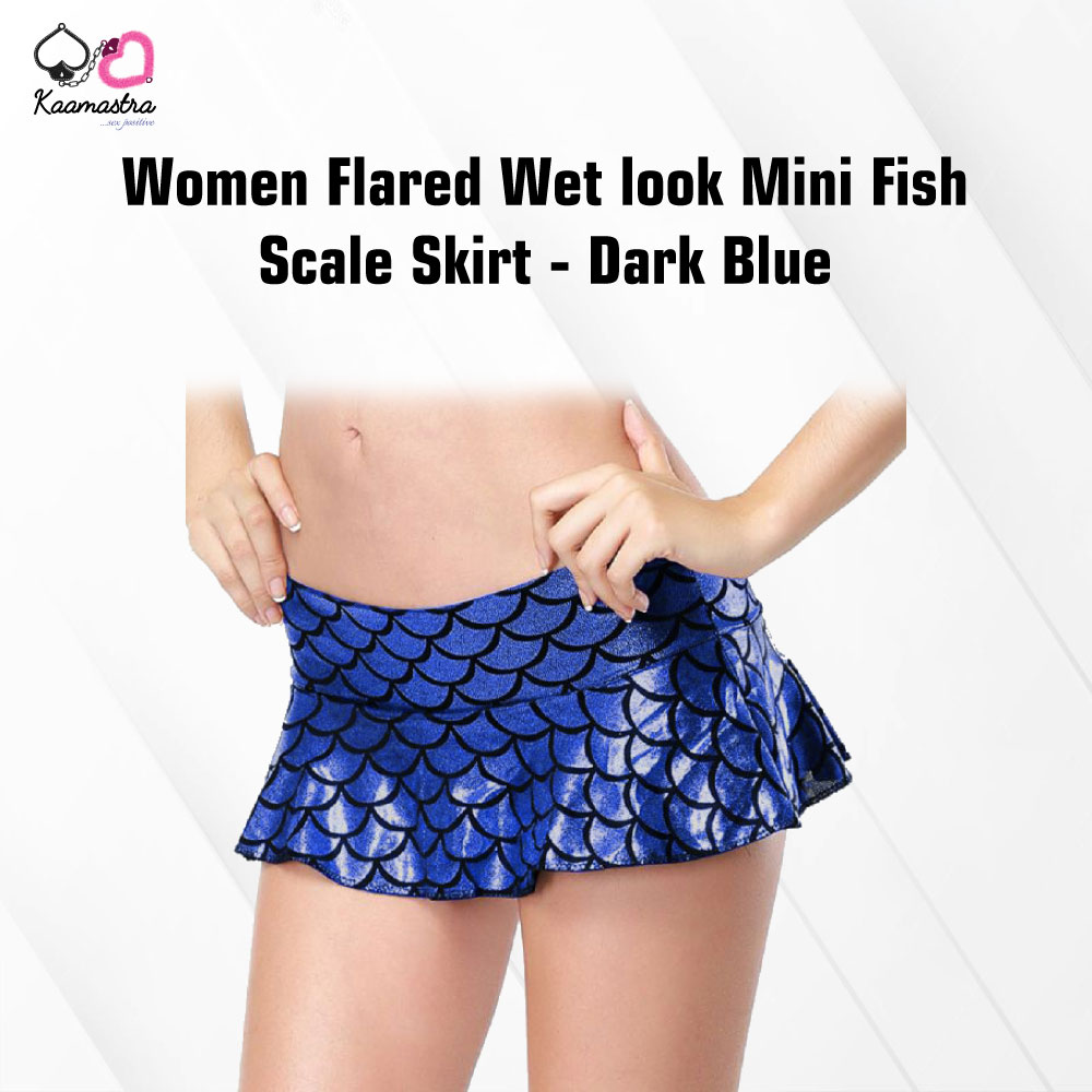 Kaamastra women Flared Wet look Mini Fish Scale Skirt - Dark Blue