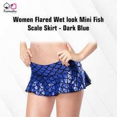 Kaamastra women Flared Wet look Mini Fish Scale Skirt - Dark Blue