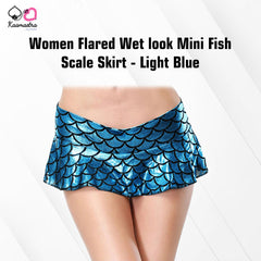 Kaamastra women Flared Wet look Mini Fish Scale Skirt - Light Blue