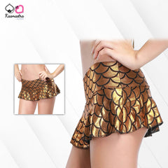 Kaamastra women Flared Wet look Mini Fish Scale Skirt - Golden