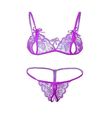 Kaamastra Lace Open Bra Crotchless Thong Bikini Set - Purple