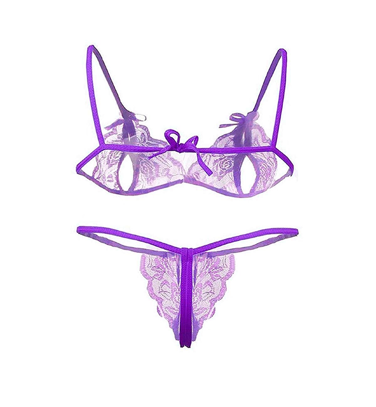 Kaamastra Lace Open Bra Crotchless Thong Bikini Set - Purple