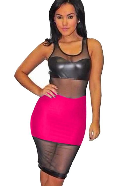 A model wearing a sleeveless black and pink dress with a sheer mesh mid-section.