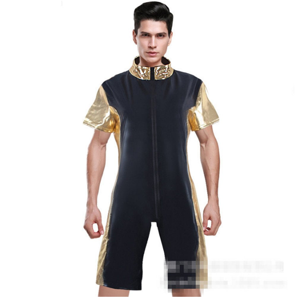 A man modeling a black and gold Kaamastra Fatal Attraction Front Zip Men's Catsuit with short sleeves and a gold neck.