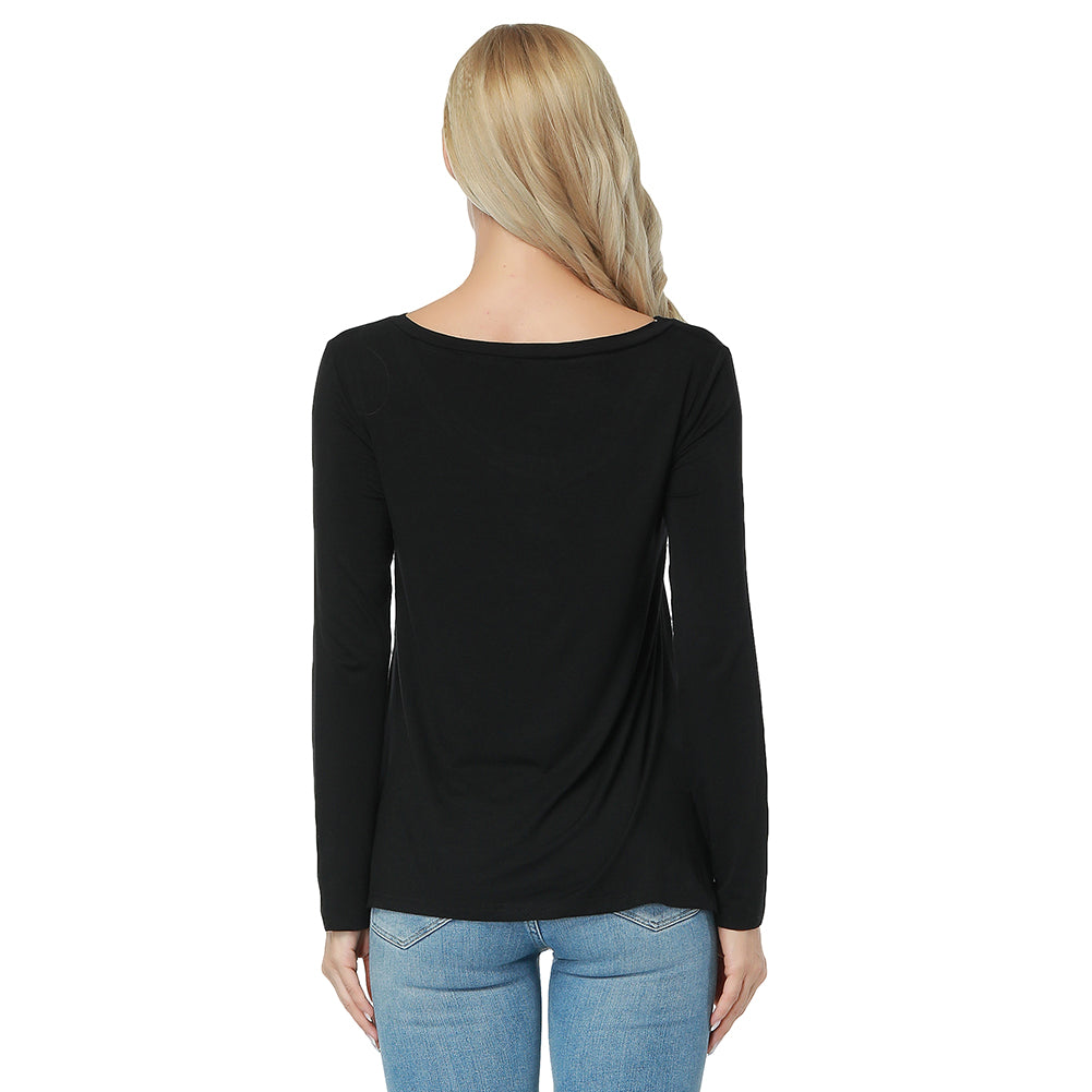 Black Full Sleeve Pocket Design Top Womens T-Shirt