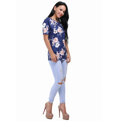 Kaamastra Blue Half Sleeve Floral Print Top for Women