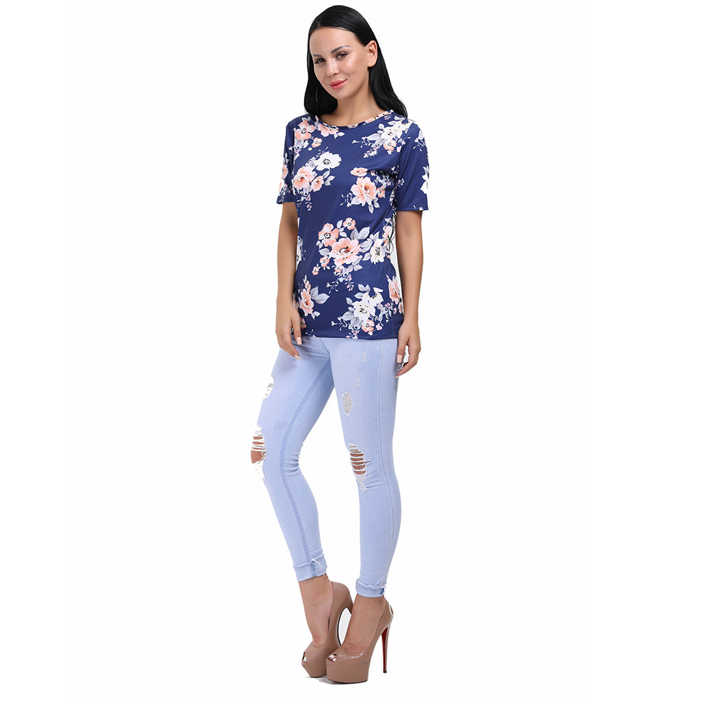 Kaamastra Blue Half Sleeve Floral Print Top for Women