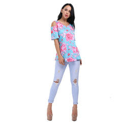 Kaamastra Blue Casual Regular Sleeve Floral Print Womens Top
