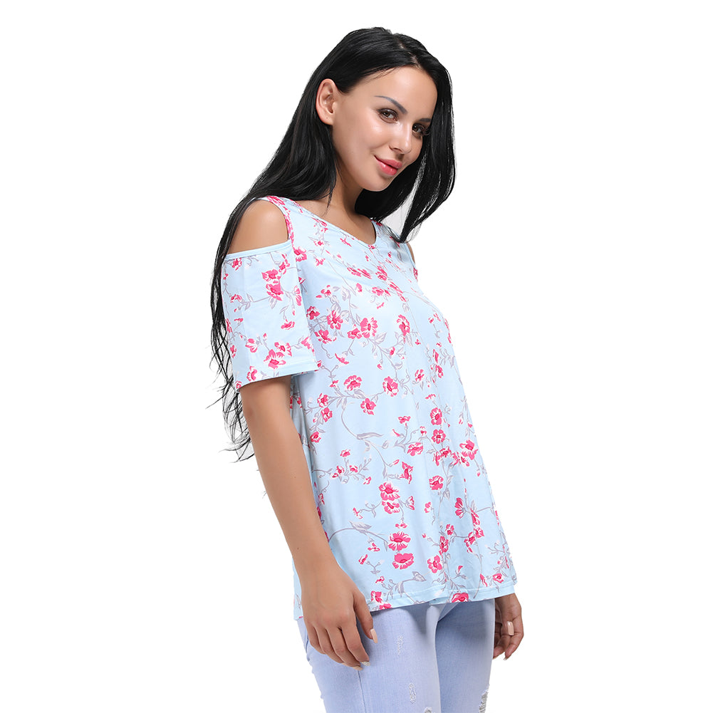 Kaamastra Light Blue Floral Short Sleeve Cold Shoulder Top for Women