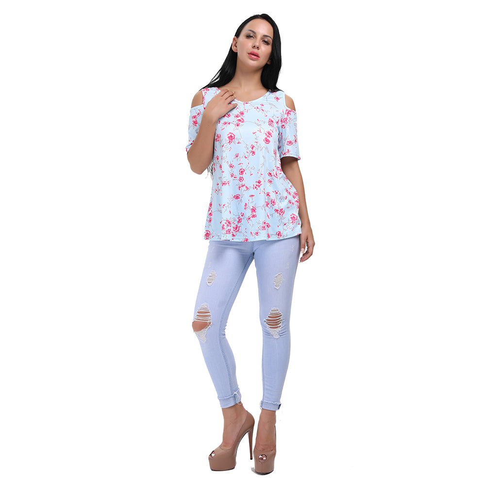Kaamastra Light Blue Floral Short Sleeve Cold Shoulder Top for Women