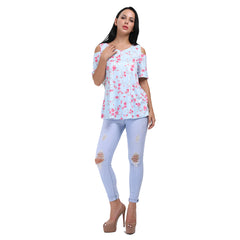 Kaamastra Light Blue Floral Short Sleeve Cold Shoulder Top for Women