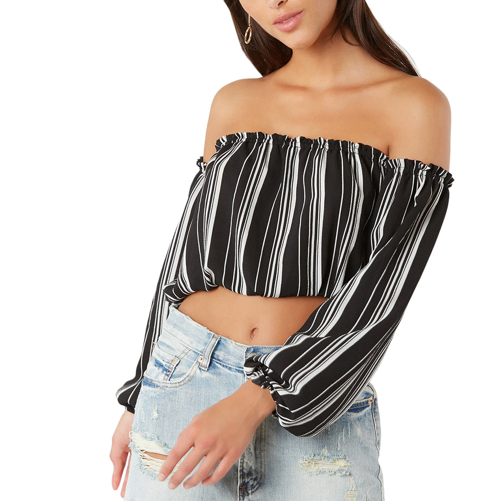 Kaamastra Black Printing Long Sleeves Strapless Crop Top