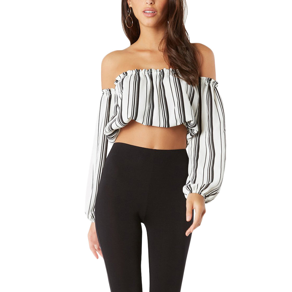 Kaamastra Black and White Stripe Print Full Sleeve Crop Top