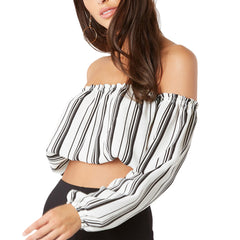 Kaamastra Black and White Stripe Print Full Sleeve Crop Top