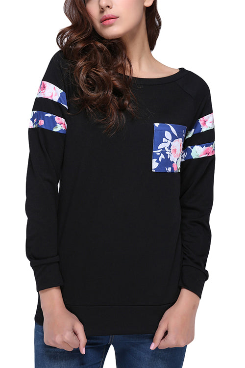 Kaamastra Black Full Sleeve Floral Patch T-shirt Top