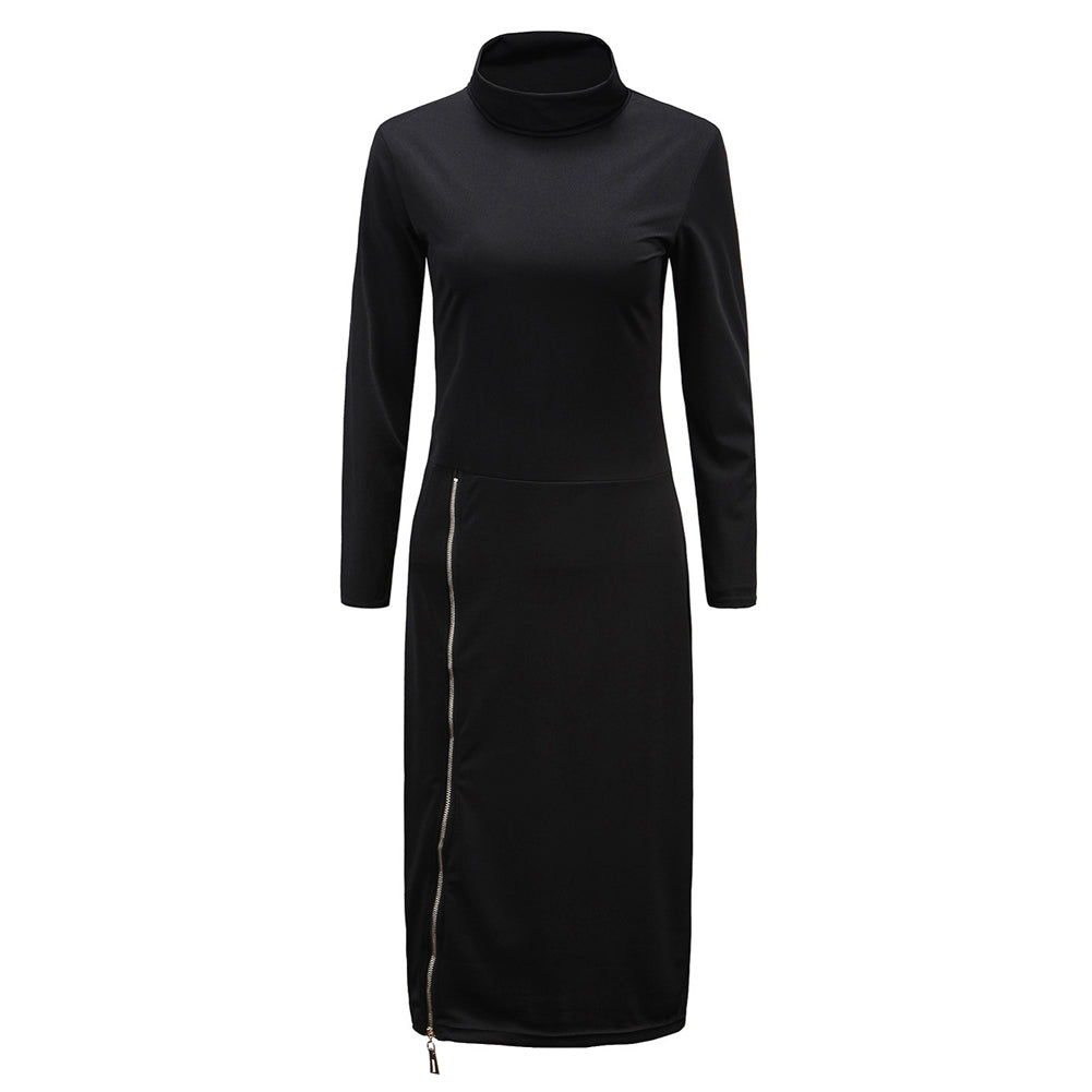 Kaamastra Black Zip Up Sexy Long Bodycon Dress For Women