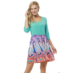 Kaamastra Green Splicing Print Round Neck Short Sleeve Mini Dress